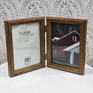 Vintage Wooden Hinged Double Picture Frame Holds 5" X 7" Photo Classic Wood